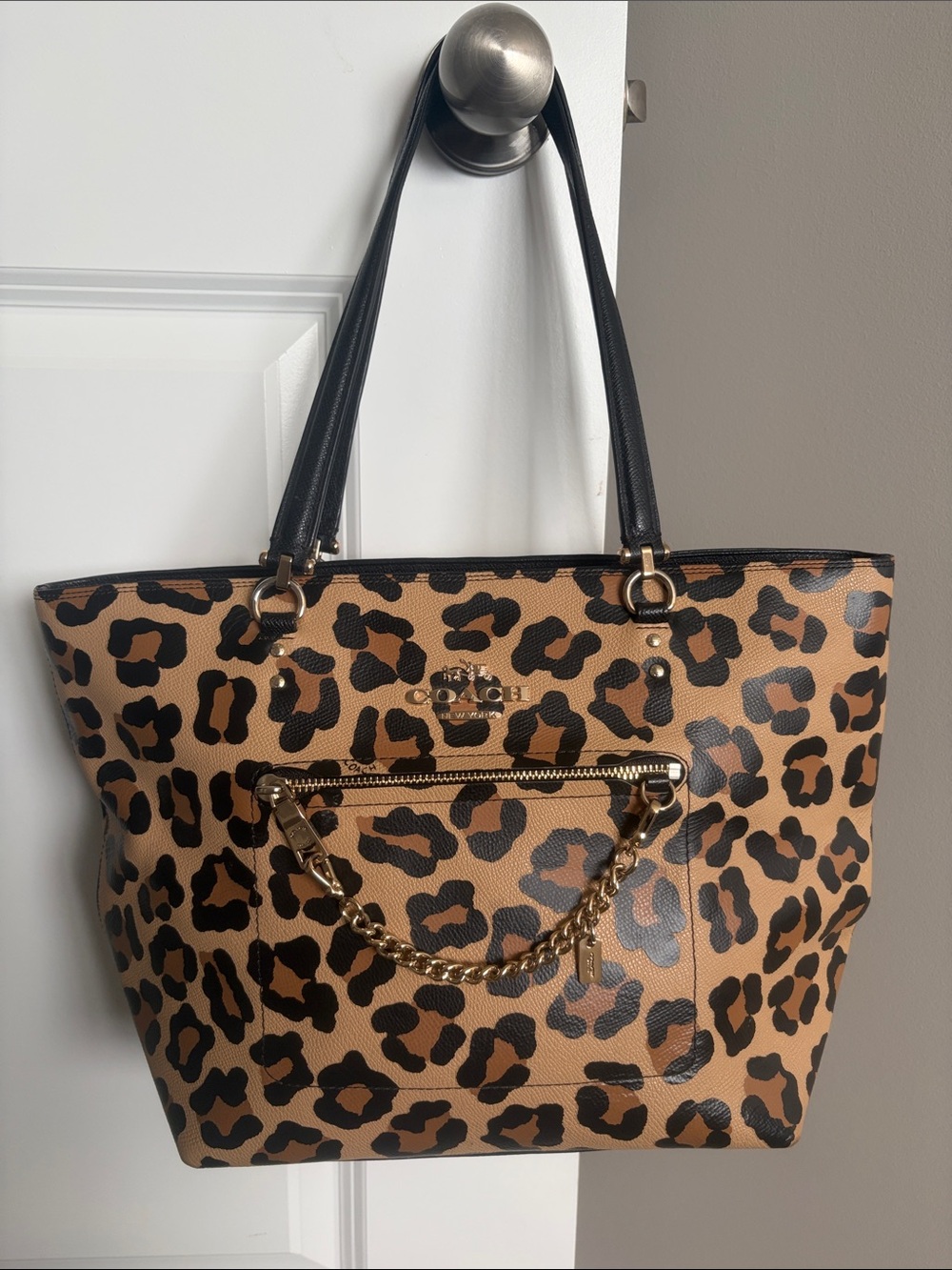 Coach Leopard-Print Tote Bag in Brown and Black with Gold Chain